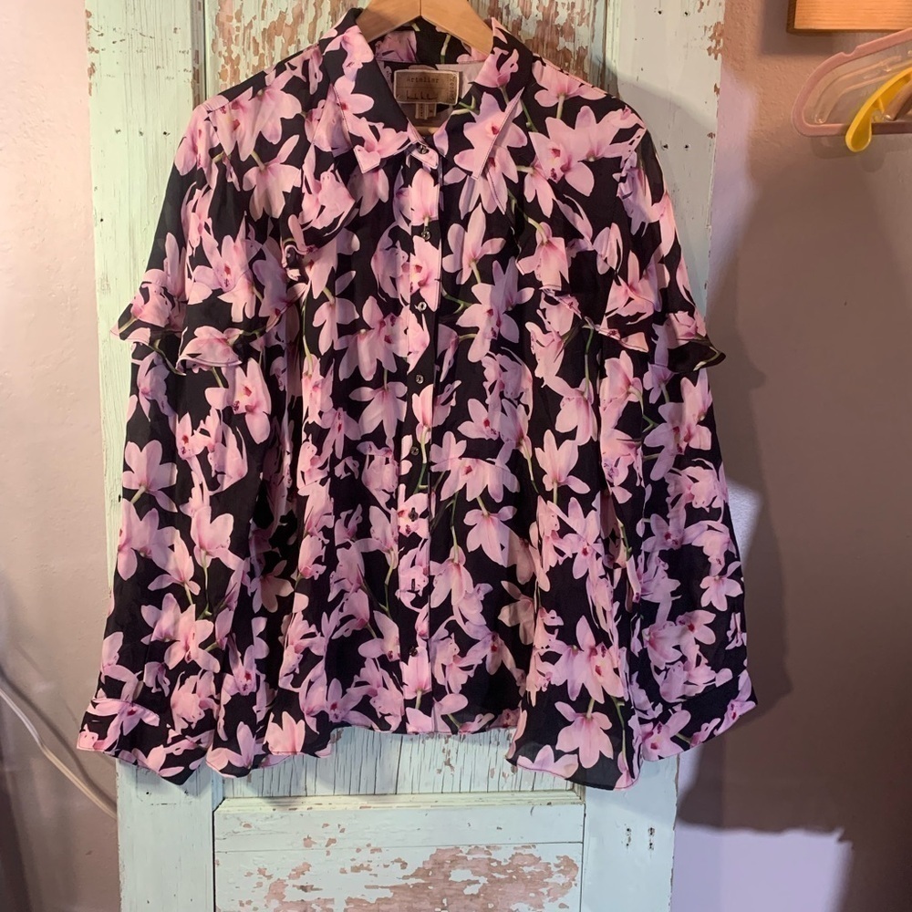 Nicole Miller Women's Black & Punk Floral Print Ruffle Silk Blouse Size XL